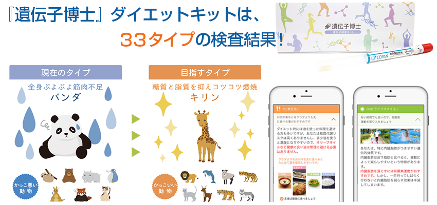 遺伝子博士ダイエットキットは、他社を圧倒する３３タイプの検査結果！