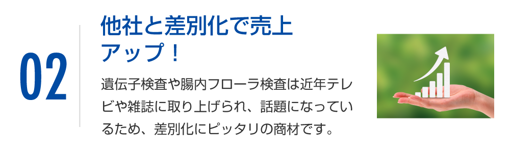 他社と差別化で売上アップ！遺伝子検査や腸内検査は近年テレビや雑誌に取り上げられ、伸びている市場です。