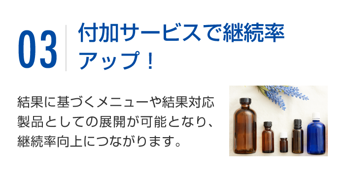 付加サービスで継続率アップ！「結果に基づく」メニューや製品として、展開が可能になり、継続率向上につながります。